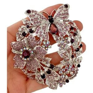 Large Butterfly Flower Brooch Silver Purple Crystals 4" Pin Statement Stunning